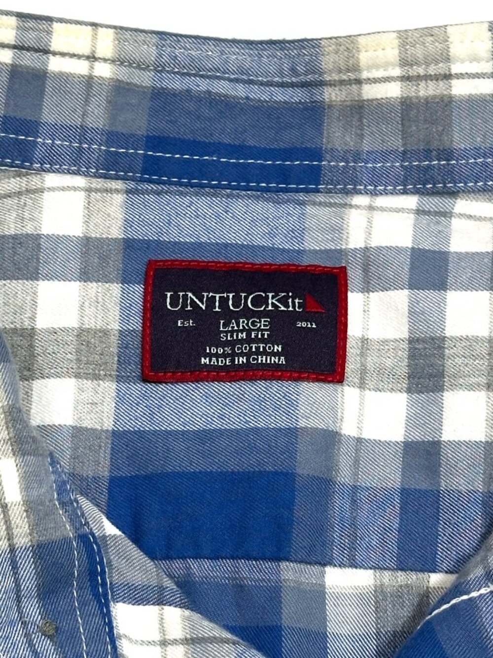 UNTUCKit Mens Large Slim Fit Blue Gray Plaid Button Front Shirt Cotton Casual - Picture 2 of 16